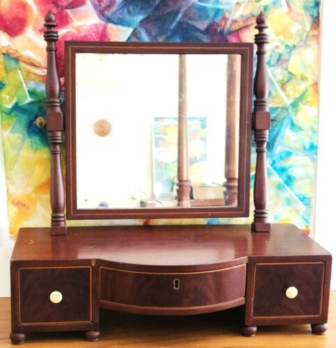 Accessory MIRROR, Shaving Stand, Neoclassical, Mahogany, Inlays, Bowfront, 20"w - Picture 2 of 12