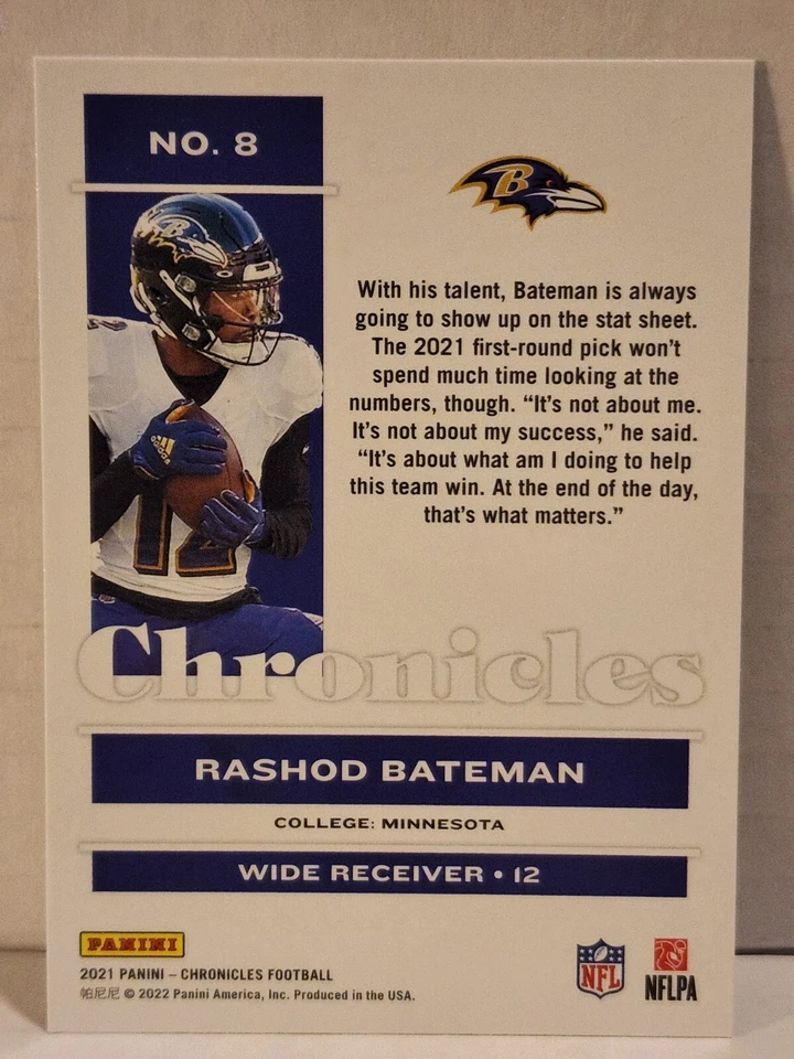 2021 PANINI CHRONICLES PINK RASHOD BATEMAN RC BALTIMORE RAVENS #8 - Image 2 of 2