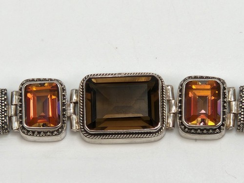Vintage Lori Bonn 925 Sterling Silver Smokey Quartz Stone Toggle Bracelet 8'' - Picture 6 of 19