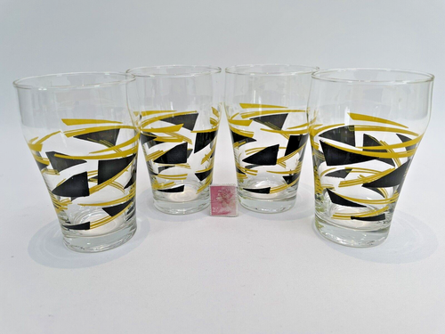 Vintage Small Tumblers x 4 Yellow & Black Geometric MCM Retro Home Bar - Picture 8 of 8