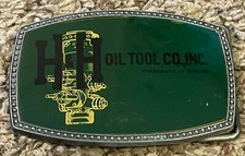 Vintage H H Oil Tool Drilling Green Enamel Belt Buckle, 3 1/4"