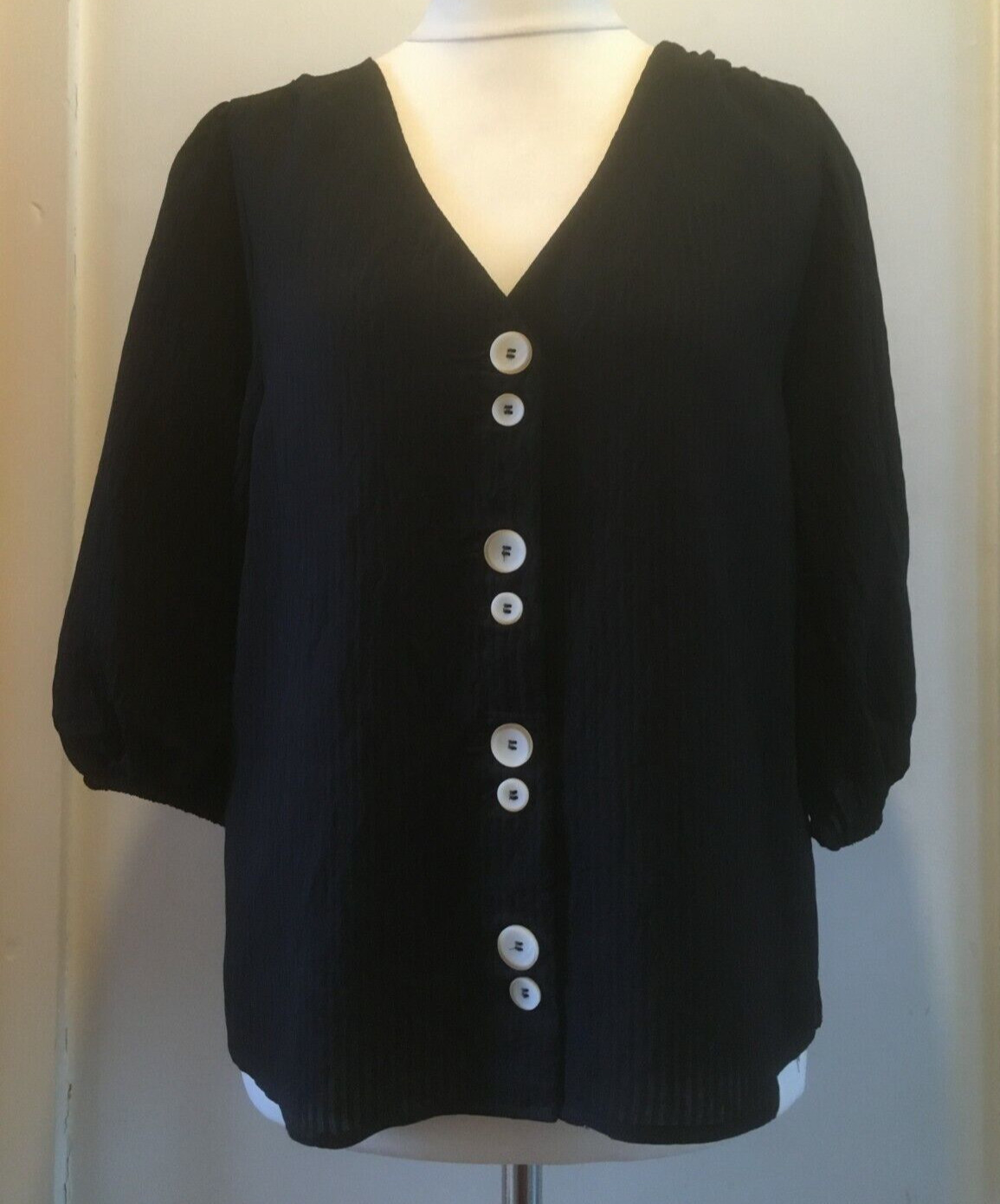 Mango Puffed Sleeve Shirt Textured Buttoned Top Size 10 Uk BNWT RRP £35.99 Black