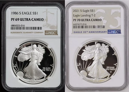 1986-S NGC PF69+2021-S NGC PF70 Proof Silver Eagle Dollars Ultra Cameo 1st Issue