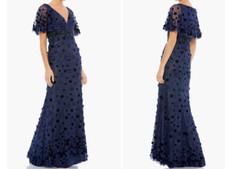 MAC DUGGAL FLORAL APPLIQUE FLUTTER SLEEVE MIDNIGHT NAVY GOWN SZ 2