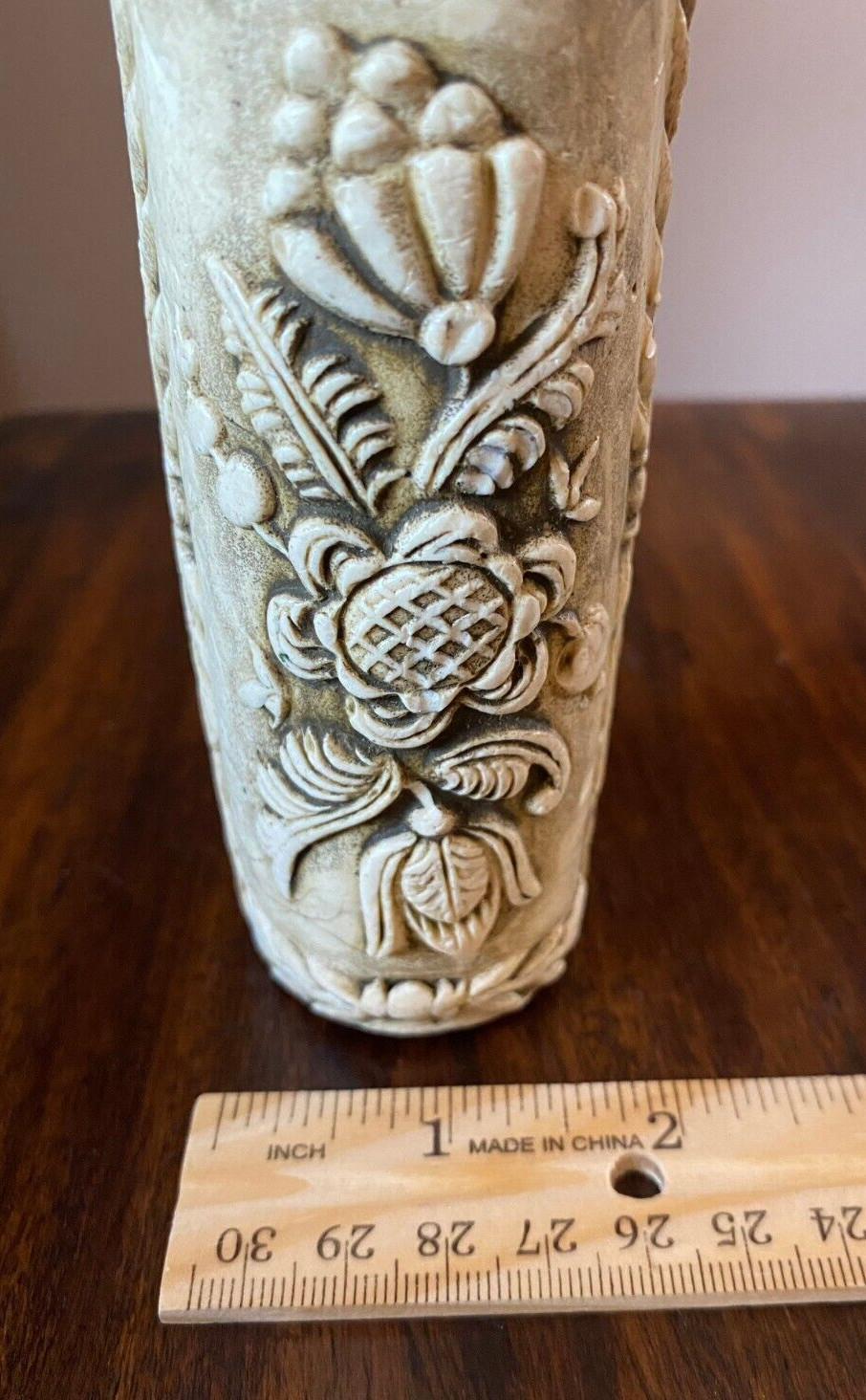 Vintage German (?) Sculpted Carved Candle Embossed Raised Flowers 5&rdquo;