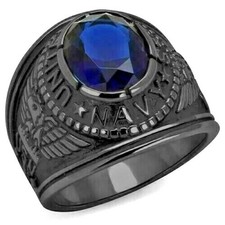 United States Navy USA USN Black Stainless Steel Veteran Blue CZ Ring US Seller