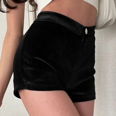 Damen Kord Skinny Shorts Mini Hohe Taille Sexy Stretch Hot Pants Chic Schwarz - Bild 1 von 4
