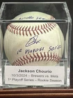 Jackson Chourio 2024 Game Used Signed Baseball COA Inscribed 1st Playoff Rookie