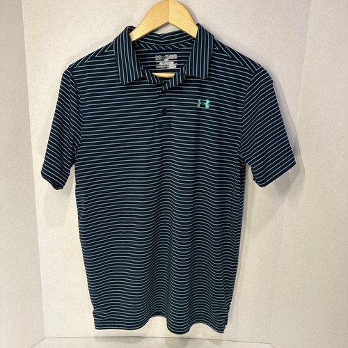 Under Armour Youth XLLoose Heat Gear Blue/Green Stripe Golf Shirt Short Sleeve