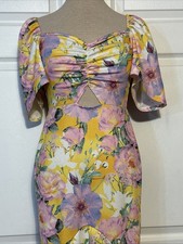 Floral Print Midi Dress High-lo Cutout Pastel Bodycon Cottagecore Boho Sz 4