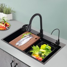 Sink Kitchen Sink Stainless Steel Sink With Faucet Multifunction Sink Set Black  