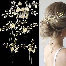 Wedding Hair Accessories 5 PCS Pearl Crystal Rhinestone Comb Pins Gold Set