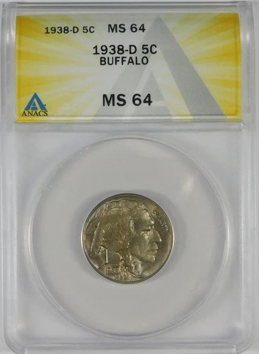 1938-D 5c BU Indian Head Buffalo Nickel Coin ANACS MS64