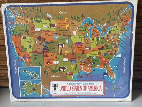 Vtg 1968 Frame Tray Puzzle Map Of USA 75902-1 Rainbow Works New