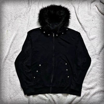Y2K Fur Hood Zip Up Hoodie Women/Unisex Cotton Goth Streetwear Jacket