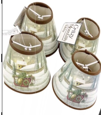 4 Crazy Mountain Winter Scene Chandelier/Candlestick 4'' Lamp Shades~Sleigh Scene