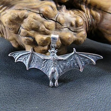 Large Solid 925 Sterling Silver Men's Vampire Bat Pendant - Gothic Gift Idea