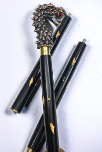 Handmade Walking Stick Carved Wood Cane With Dragon Handle Black Wooden Stick - Picture 6 of 8