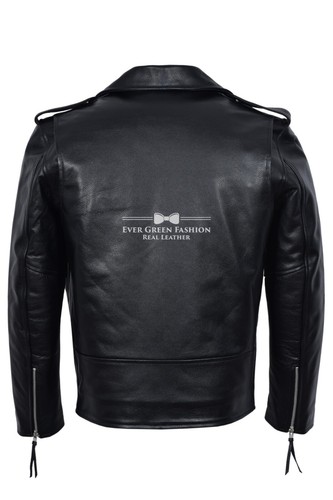 Men's BRANDO Black Leather Jacket Biker Fashion Real Cowhide Leather Jacket MBF - Picture 4 of 6