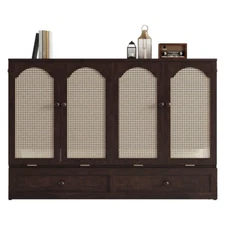 Queen Size Murphy Cabinet Bed with Rattan Decoration,USB & Large Drawe,Espresso 