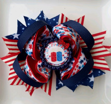 Red White  Blue Little Firecracker Red White Blue Bottle Cap Hair Bow 5"