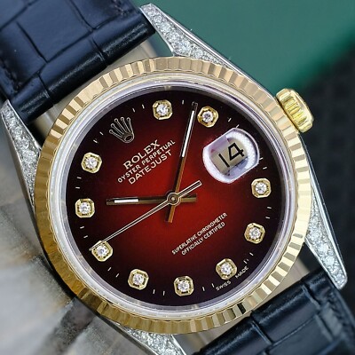 Rolex Datejust Two-Tone Watch Red Vignette Diamond Dial 18KY 16233 No Hole