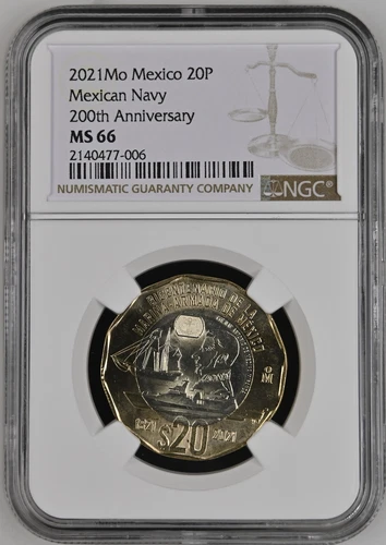 2021 Mo Mexico Bi-Metallic 20 Pesos NGC MS-66 Mexican Navy 200th Anniversary