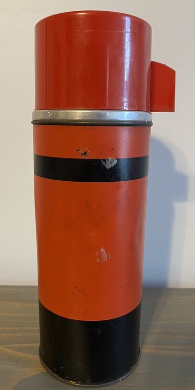 Vintage Aladdin Economy Red & Black Stripe Metal Quart Size Thermos