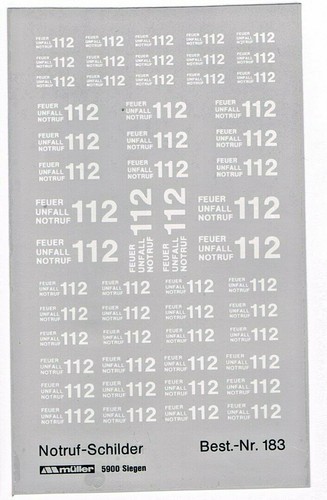 Hobby Müller Decal Decals 1:87 OVP VK-Modelle Notruf Feuerwehr Notruf 112  Weiß - Bild 1 von 2
