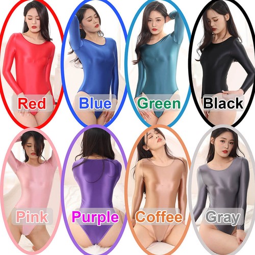 Damen Langarm Satin Glänzend Wetlook Body Overall Hochgeschnitten Tanga Turnanzug - Bild 2 von 20