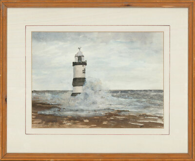 M. F. S - Zeitgenössisches Aquarell, Wellen Am Leuchtturm