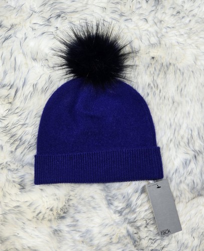 NEU MIT ETIKETT NORDSTROM RACK DAMEN STRICK 100 % KASCHMIR BEANIE MÜTZE BLAU OS KUNSTFELL BOMMEL