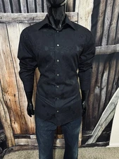 ETON Long Sleeve All Black Floral Print Dress Shirt Size 17 (43) Slim Fit Mint!