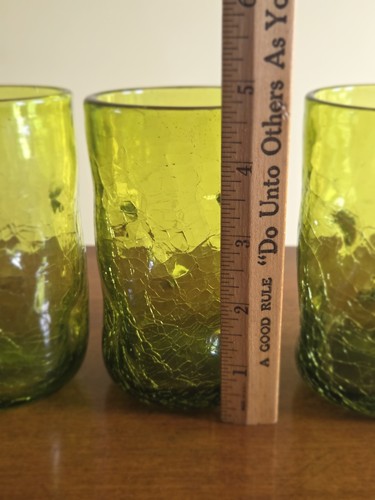 Set of 5 Blenko Crackle Glass Tumblers #418L Pinched Dimpled Olive Green - Picture 16 of 24