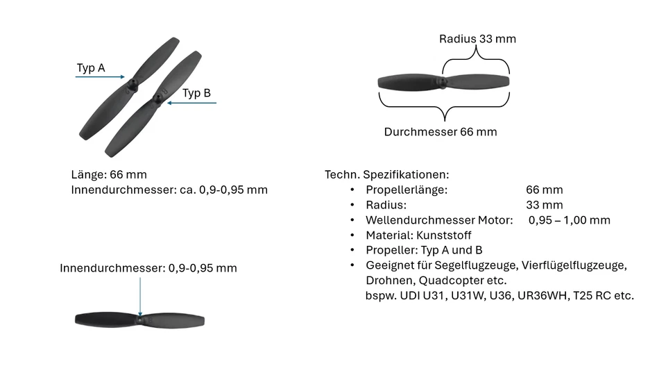 Typ A & B Propeller RC Drohne /Flugzeug 66 mm, Wellendurchmesser 0,95 -1,00 mm - Bild 2 von 2