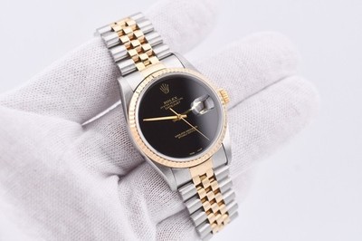 Rolex Datejust 16233 Yellow Gold Fluted Bezel Custom Black Onyx