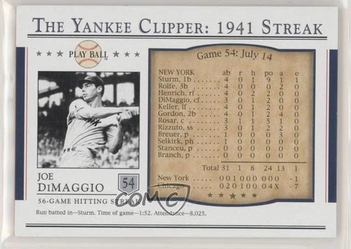 2003 Upper Deck Play Ball The Yankee Clipper: 1941 Streak Joe DiMaggio #S-54 HOF