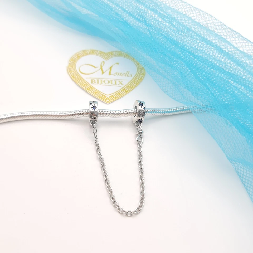 Charm catena di sicurezza argento 925 sole luna zirconi Blu - Immagine 3 di 4