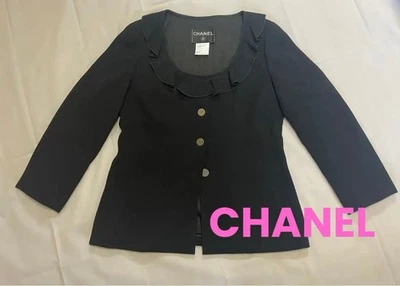 Veste CHANEL sans col laine noire taille 38 longueur 61 cm excellent état - Photo 1/4