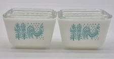 Vintage Pyrex 501 Turquoise Refrigerator Dish W Lid Amish Butterprint Set of 2