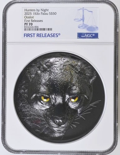 2025 1 Kilo 1 kg Palau Silver Hunters By Night Ocelot Coin NGC PF70 First Releas