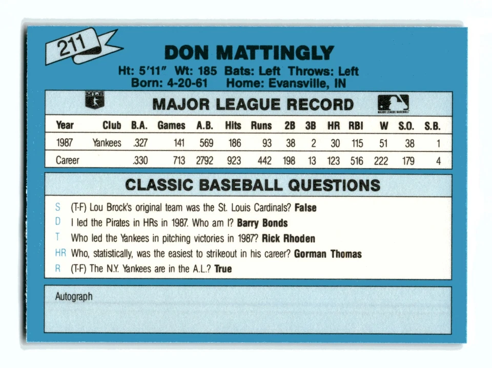Don Mattingly 1988 Classic Travel Update II Blue #211 New York Yankees Mint - Image 2 of 2