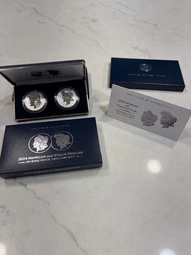 2024-S Reverse Proof $1 Morgan and Peace Silver Dollar 2pc Set Box ,OGP &