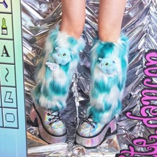 Fur Leg Warmers - Fuzzy Fluffies - White/Mint - Cow 15 in