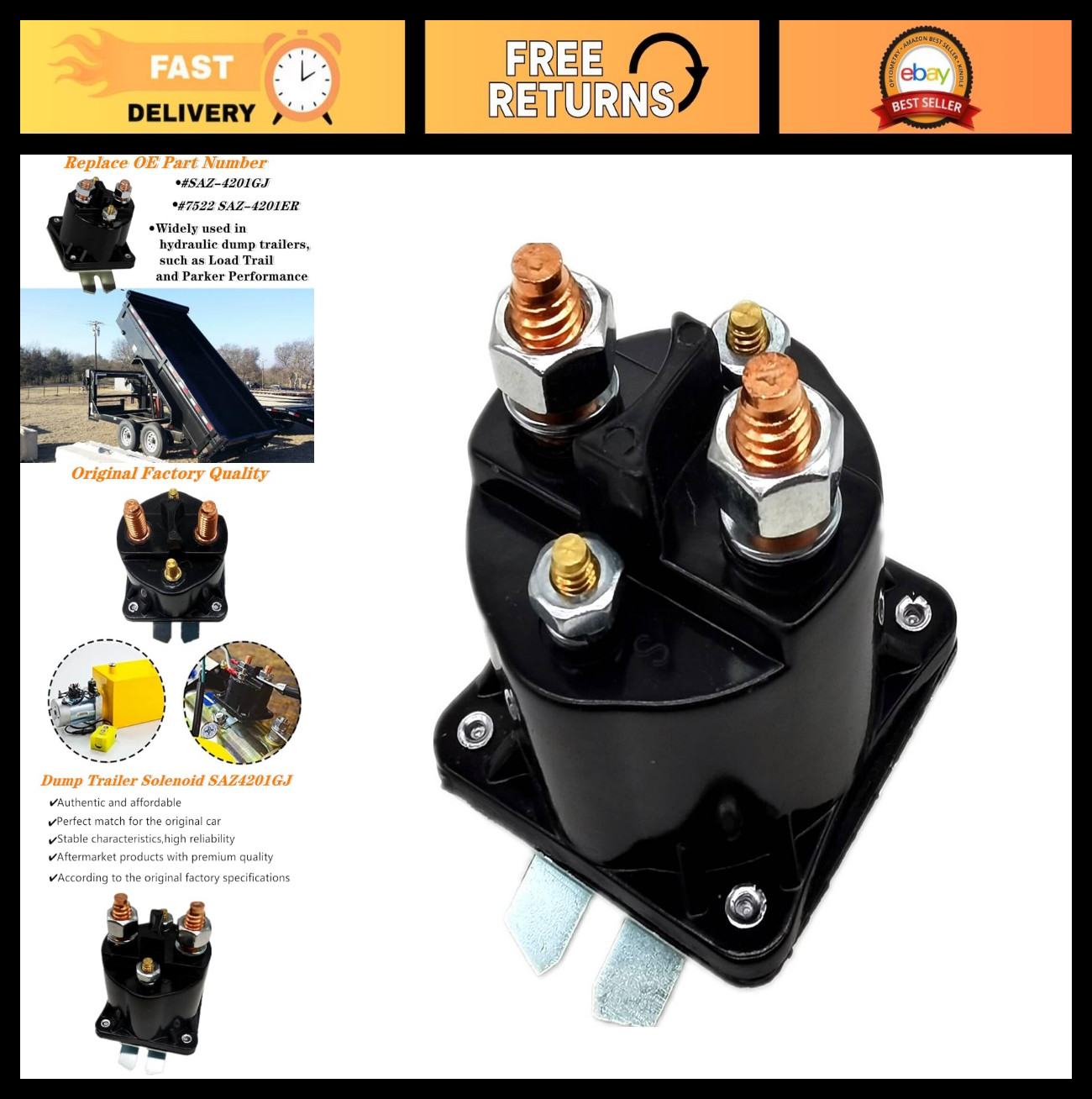 Heavy Duty 12V Solenoid Relay 100 Amp, Intermittent Duty for Dump Trailers, 4 Te