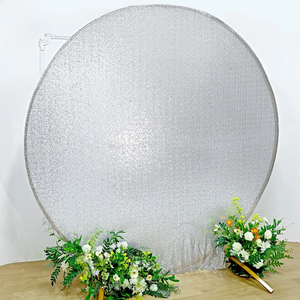 Telón de fondo redondo de lentejuelas metálicas plateadas de 7,5 pies CUBIERTA DE PIE fiesta eventos Foto 4 de 4