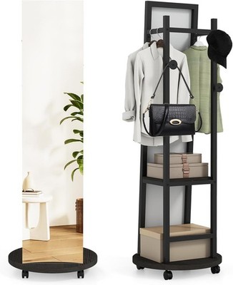 Full Length Mirror W/ Coat Rack 55'' Standing Floor Mirror W/ Lockable Wheels