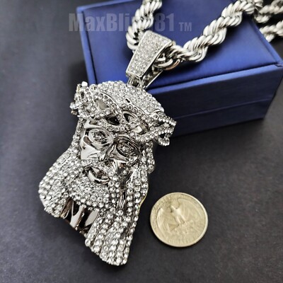 Iced Silver Large Jesus Head Pendant & 8mm 10mm 24
