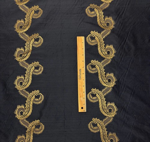 LAURA & KIRAN BAROQUE SWIRL GOLD BLACK EMBROIDERED SILK FABRIC BY THE YARD 53"W - Picture 4 of 6