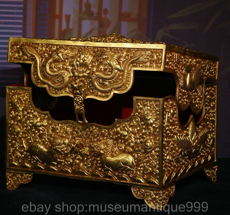 12.4" Old Tibet Bronze Inlay Silver Gilt Dynasty Dragon Jewelry Storage Box - Image 2 of 4